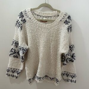Anthropologie Cream and Black Crew Neck Sweater with Textured Knit